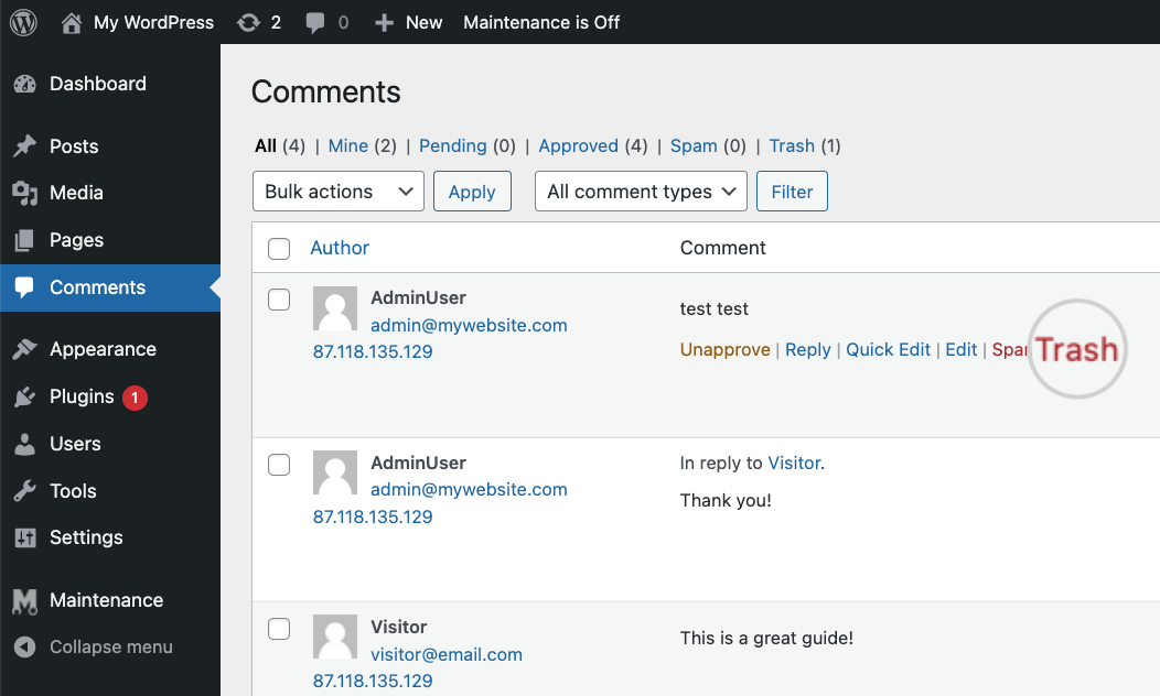 How to remove a comment from WordPress
