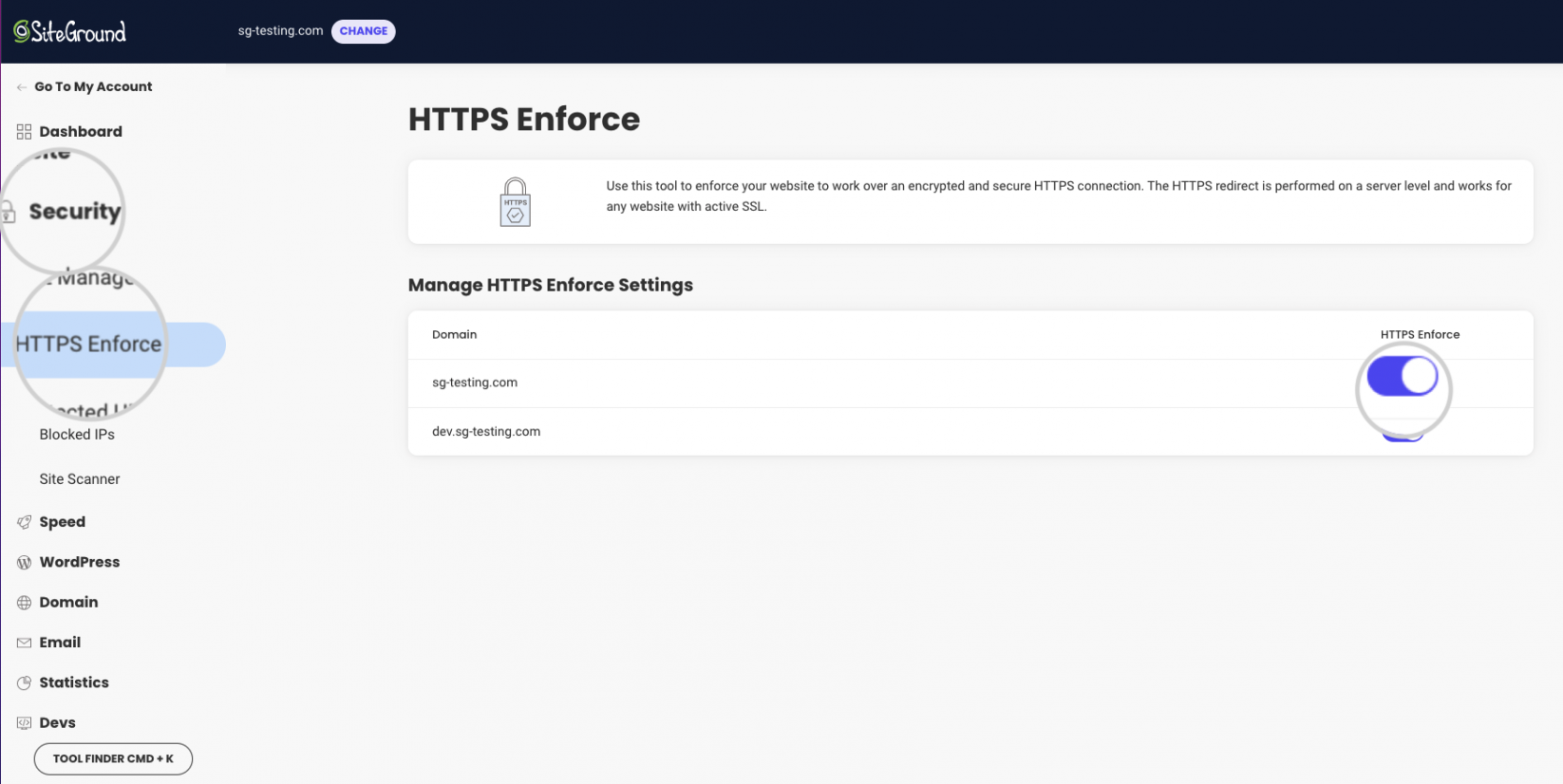 How do I enforce HTTPS for the domain of a website