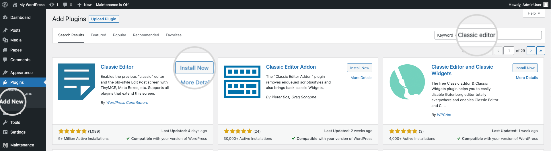 screenshot showing How to install Classic Editor in WordPress