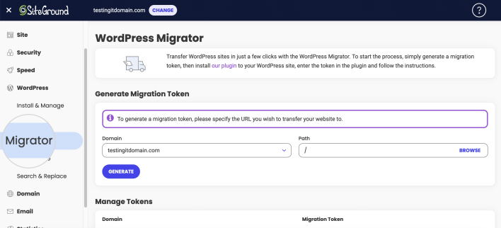 Screenshot of the WordPress Migrator tool in Site Tools