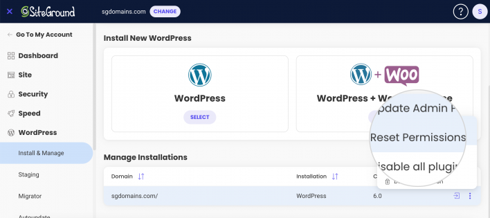 Reset WordPress Permissions from SiteTools