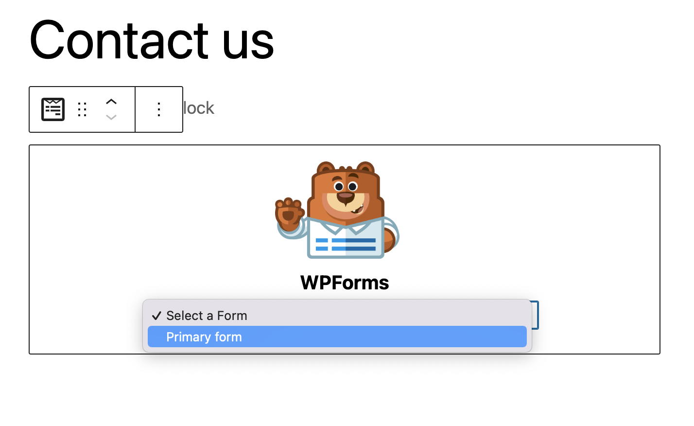 Select the form for the contact form block in WordPress