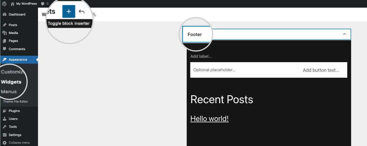 Widgets section in a WordPress dashboard