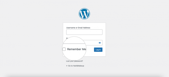 WordPress Admin Login screenshot with highlight on the "Remember me" option
