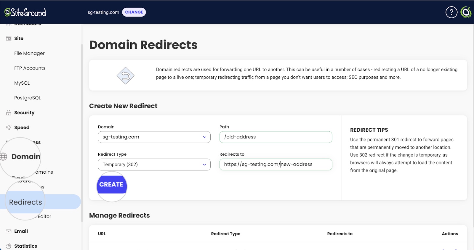 How to set a 302 temporary redirect in SiteGround's Site Tools