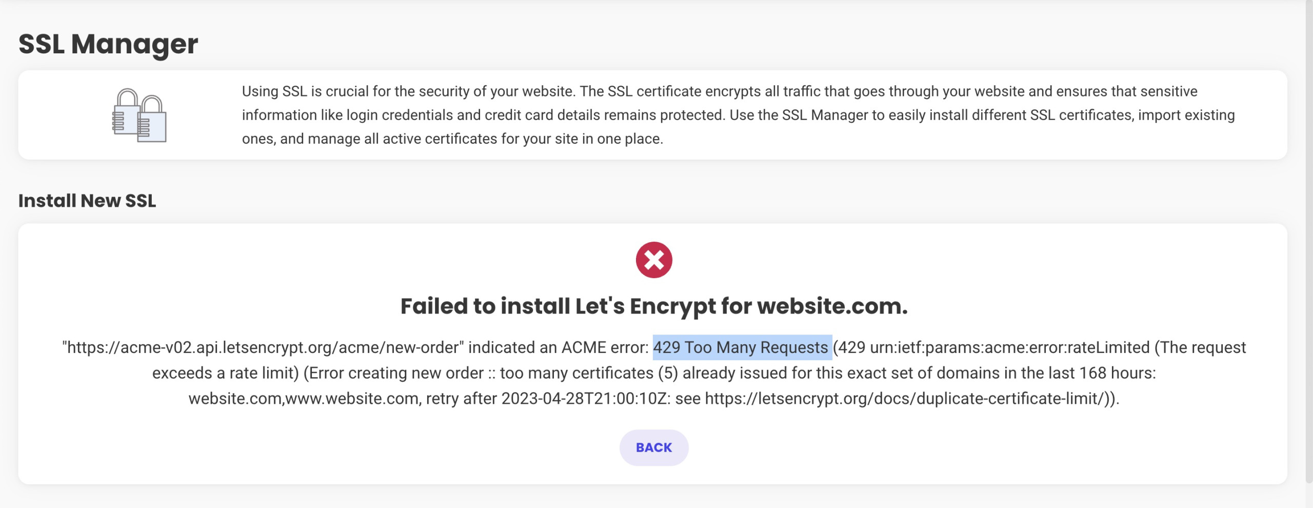 HTTP 429 Error in Let's Encrypt SSL Installer