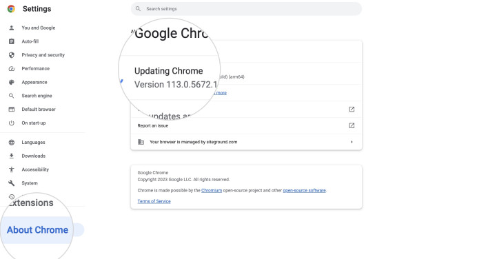 Screenshot showing how to push Chrome to update itself to the latest available version