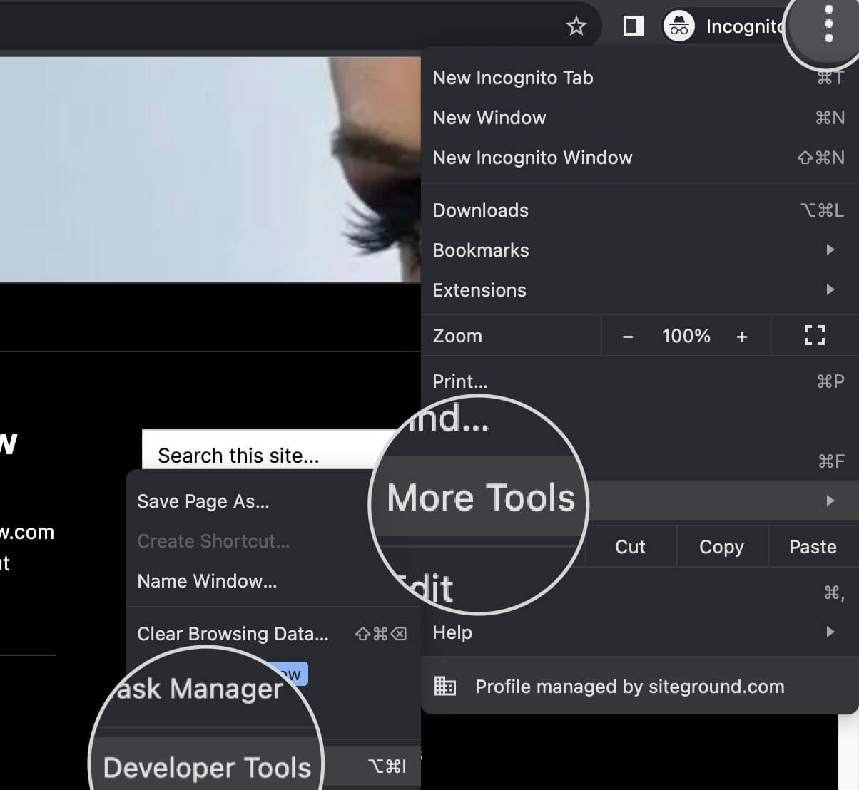 Screenshot demonstrating how to access Chrome's Dev Tools