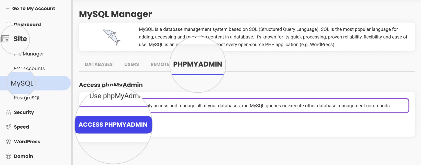 How to access phpMyAdmin from the MySQL section in Site Tools