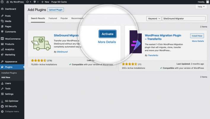 Screenshot showing the Activate plugin button for SiteGround Migrator in WordPress