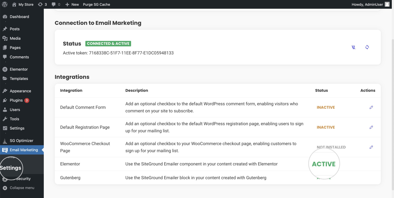 Active status for Elementor in the Email Marketing plugin