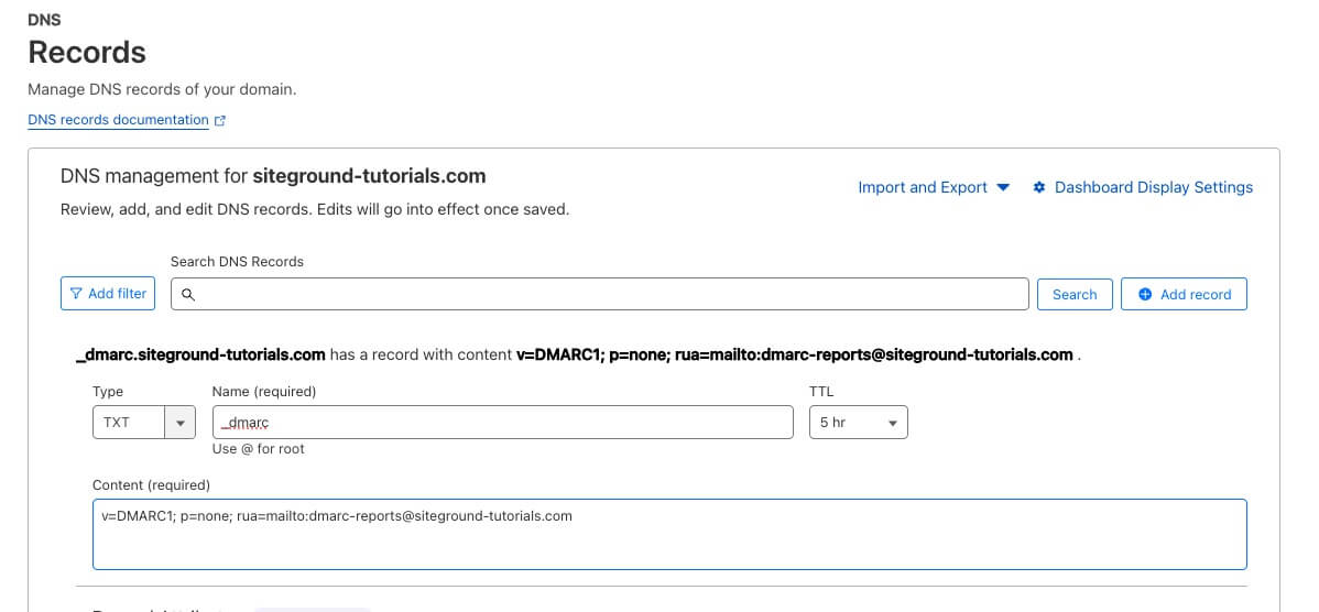 DMARC TXT record in an external DNS editor 