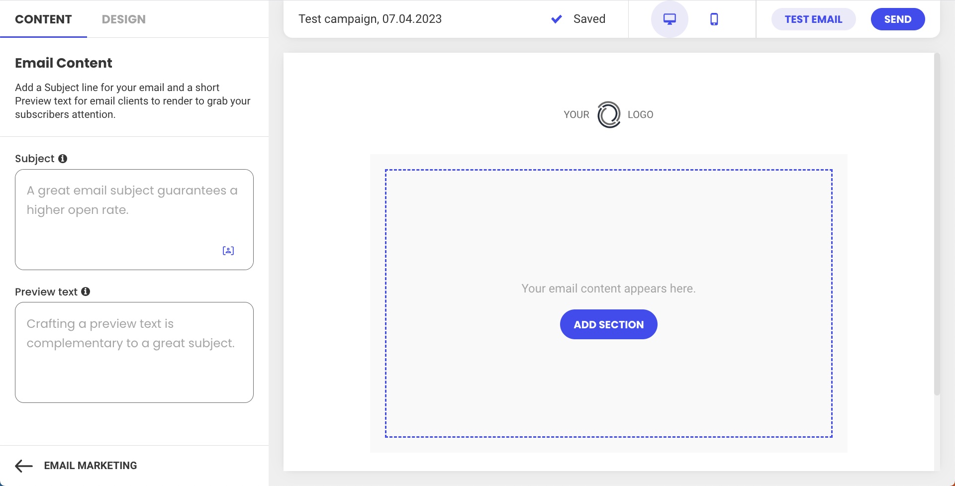 How to add sections to an empty email body