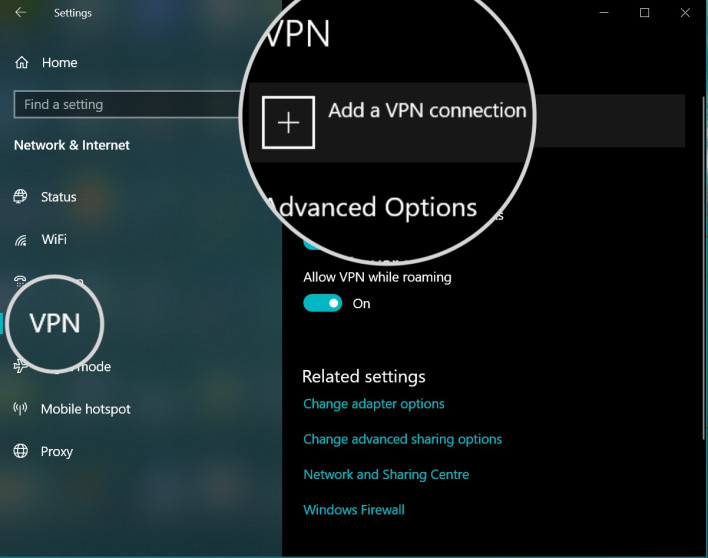 Screenshot of the Add a VPN connection button in Windows OS