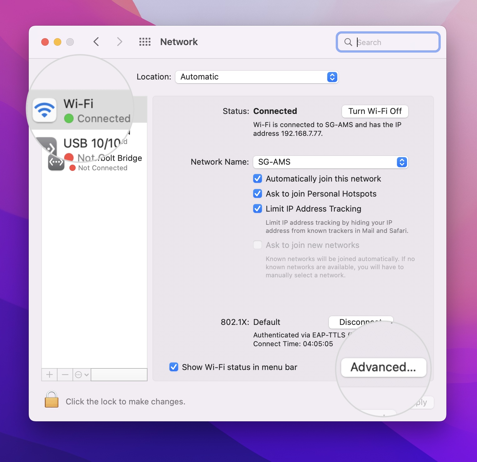 Open the Advanced settings for the network on Mac to change DNS servers