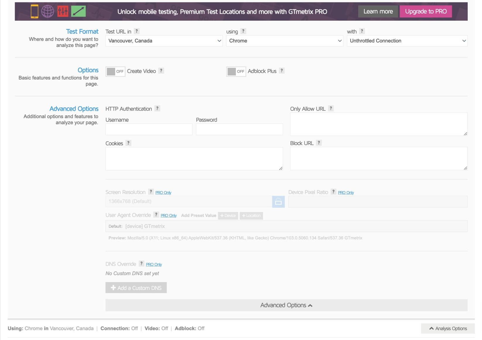 Screenshot of the advanced speed test settings in gtmetrix