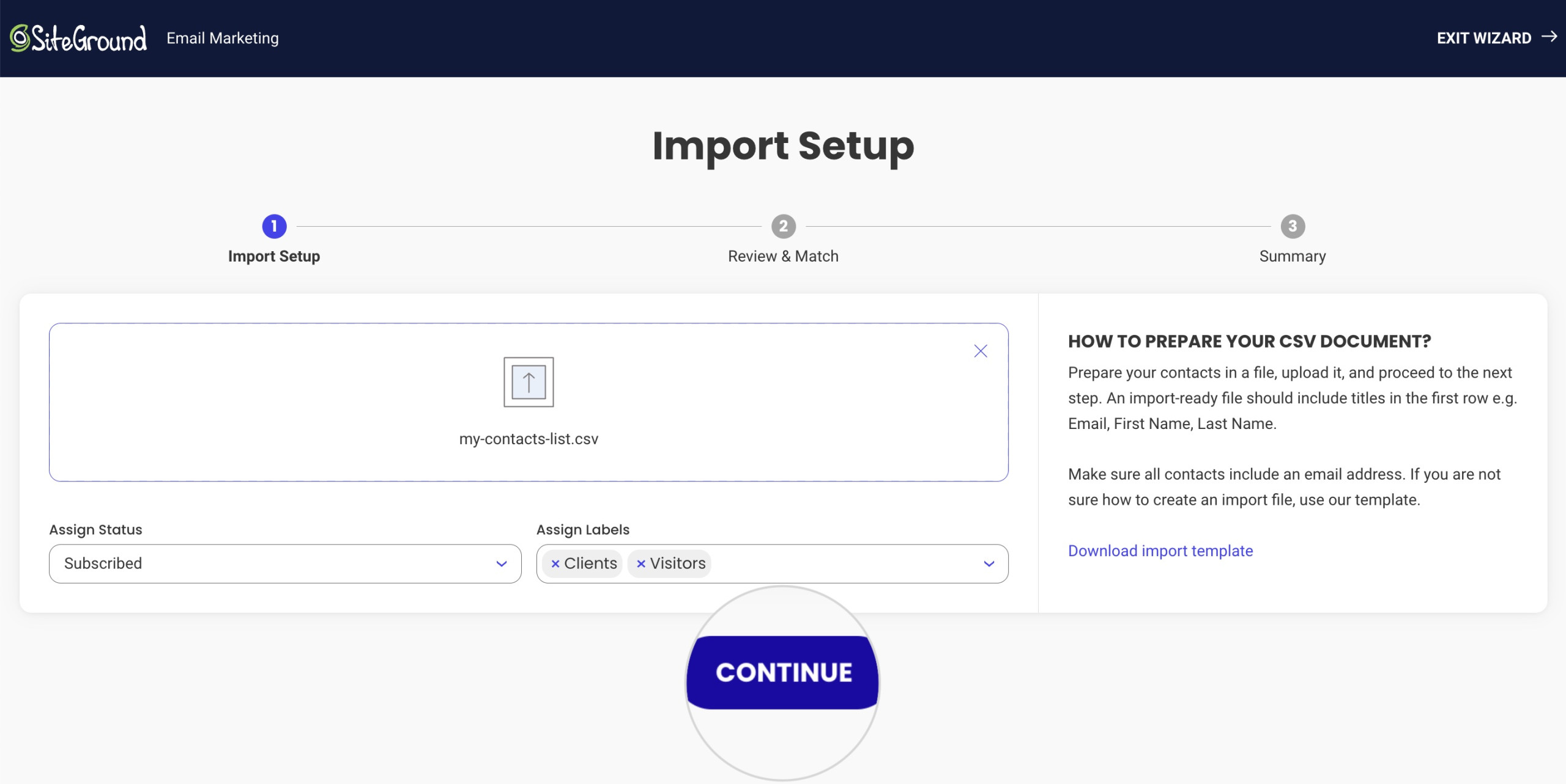 How to assign labels and status when importing contacts in Email Marketing