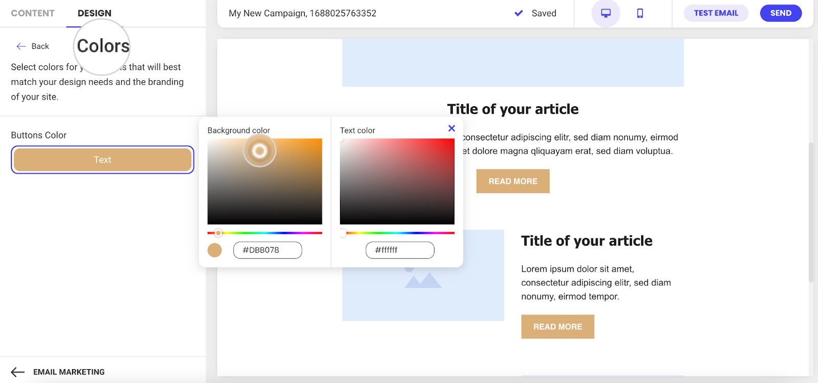 Screenshot displaying How to change the color of your text and buttons in a campaign in Email Marketing