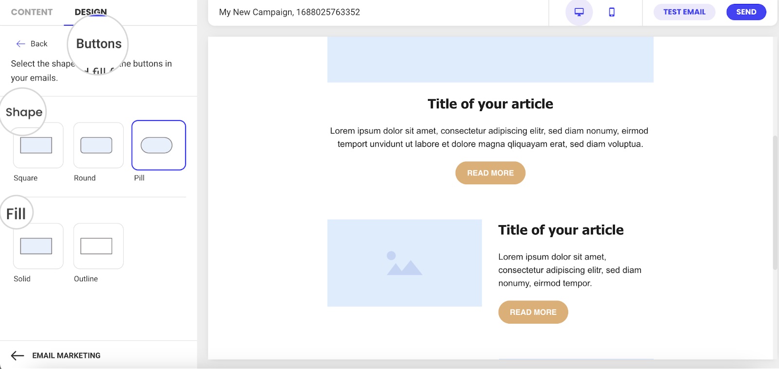 Screenshot showing How to change the shape of buttons in a campaign in Email Marketing