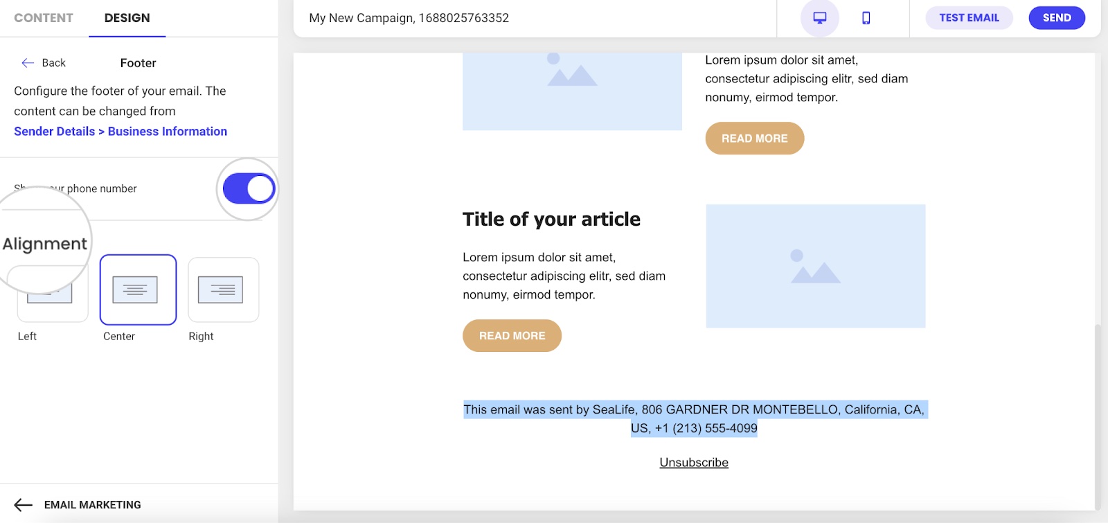 Screenshot showing How to change your email footer's design in Email Marketing