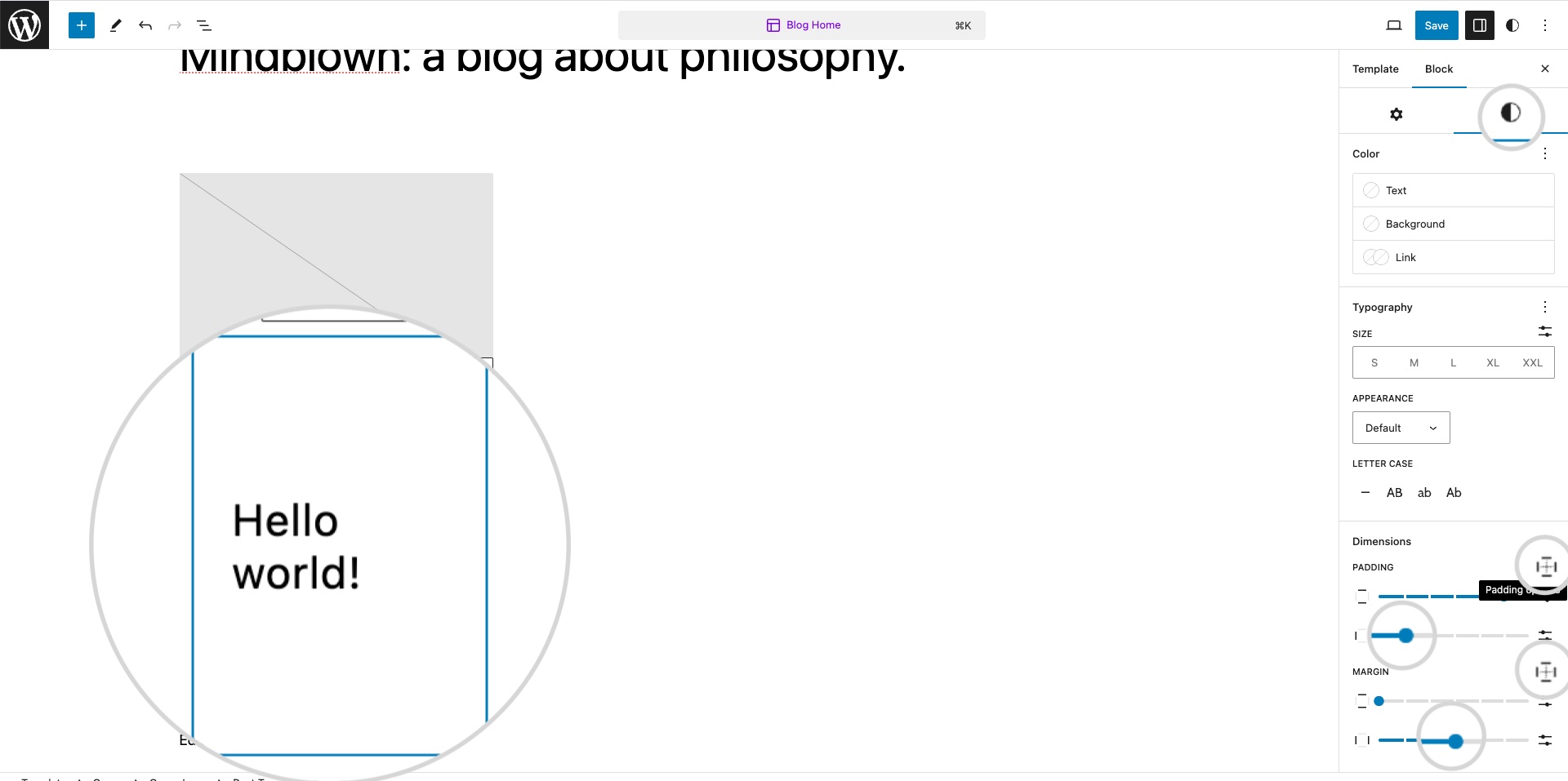 Margin and padding settings in the Full Site Editor in WordPress