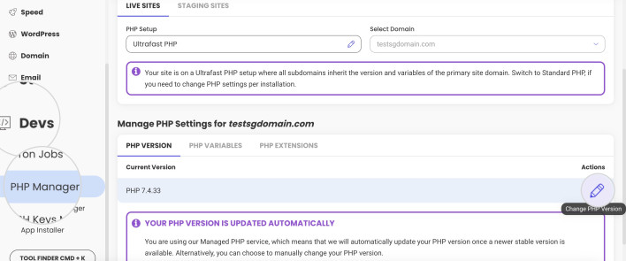 Screenshot showing how to change the PHP version in Site Tools