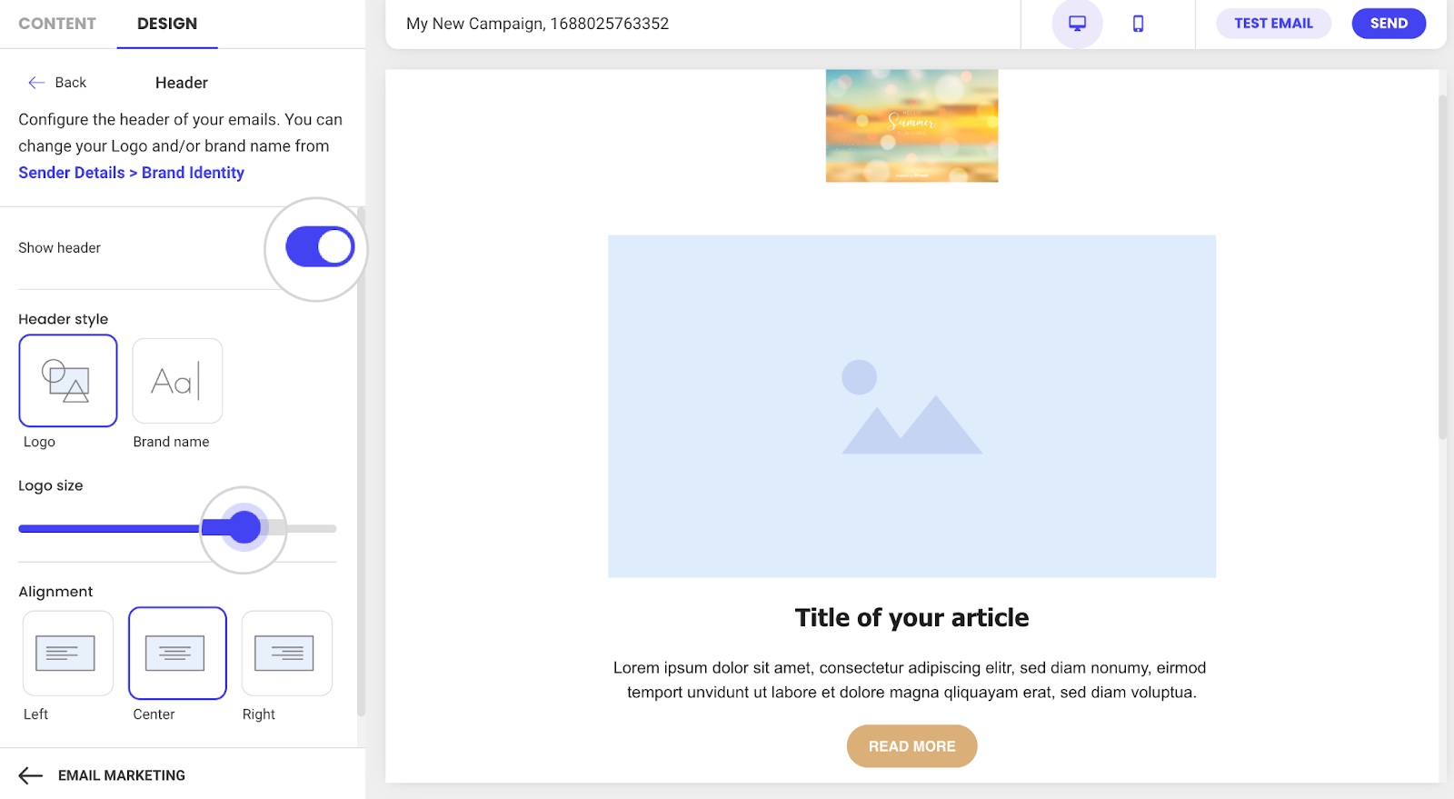 Screenshot showing How to change the email header's design in Email Marketing