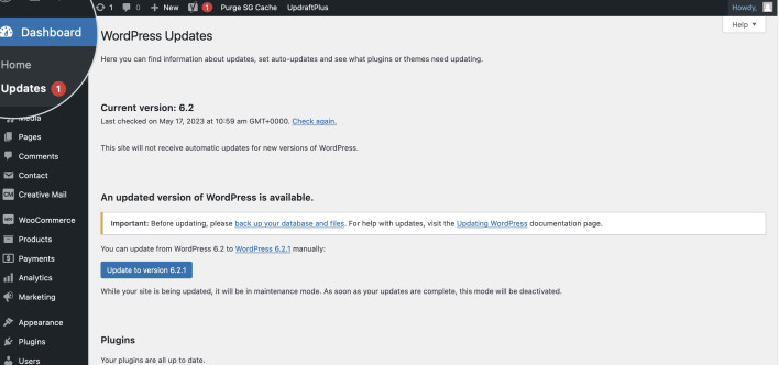 Screenshot showing how to check WordPress for available updates