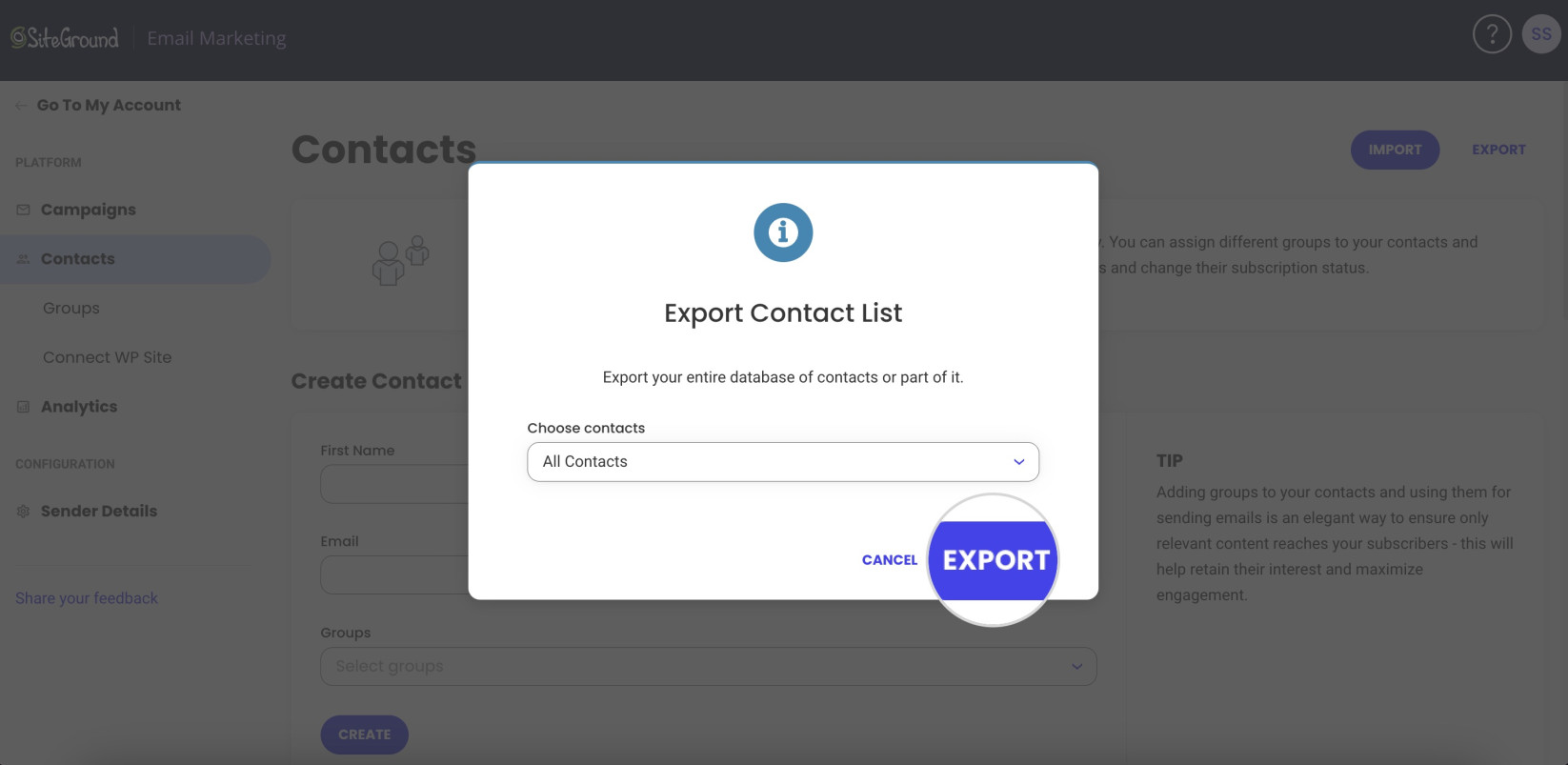 Screenshot of the Export button for All contacts