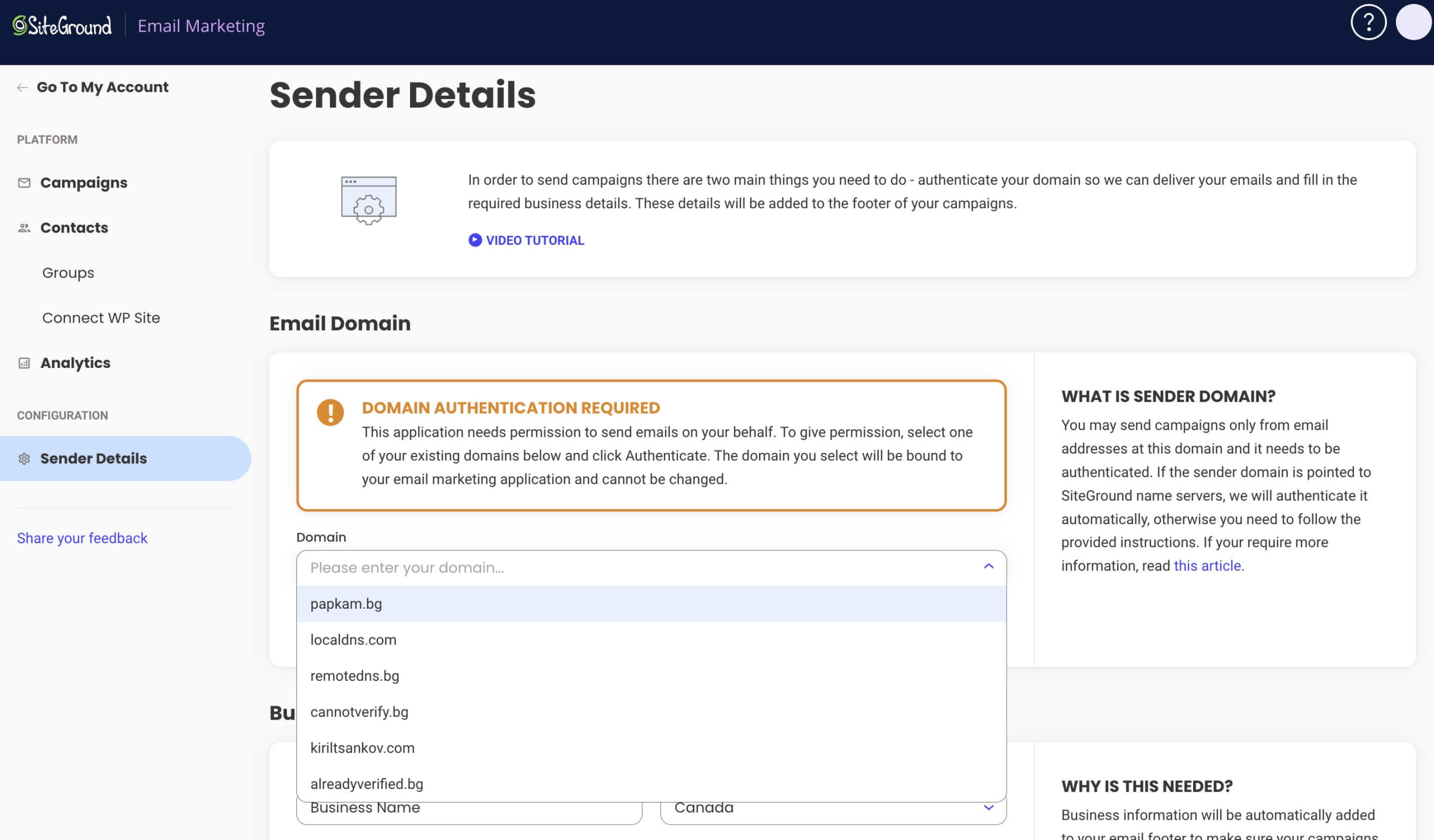 Screenshot showing how to select a domain to authenticate with the Email Marketing Service