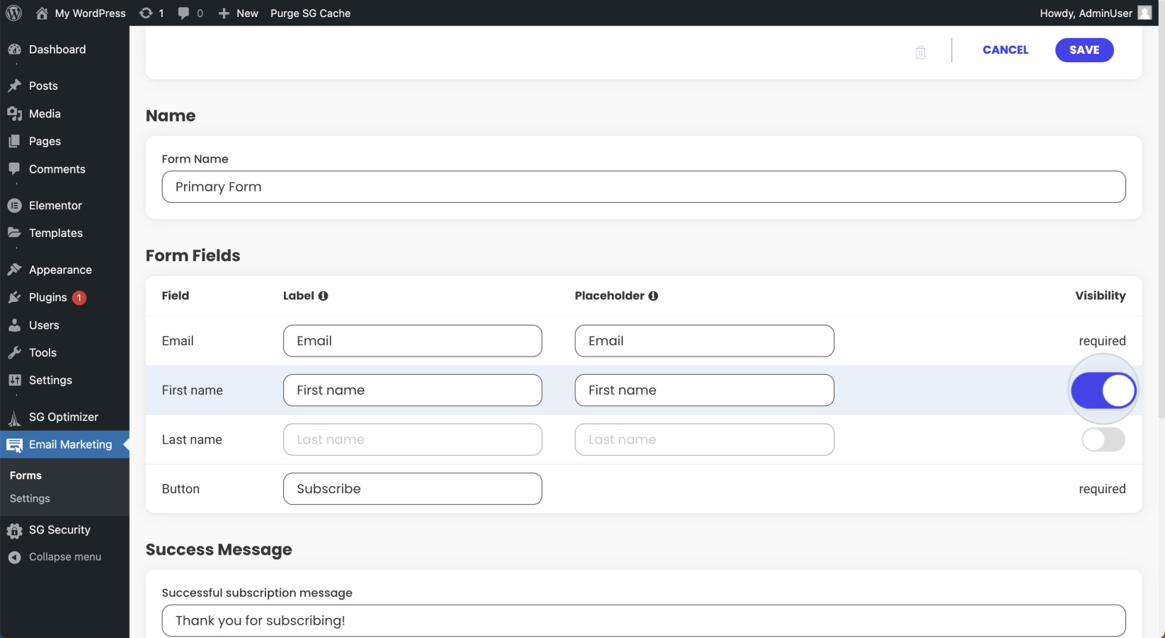 How to select the fields for a sign-up form in the Email Marketing plugin