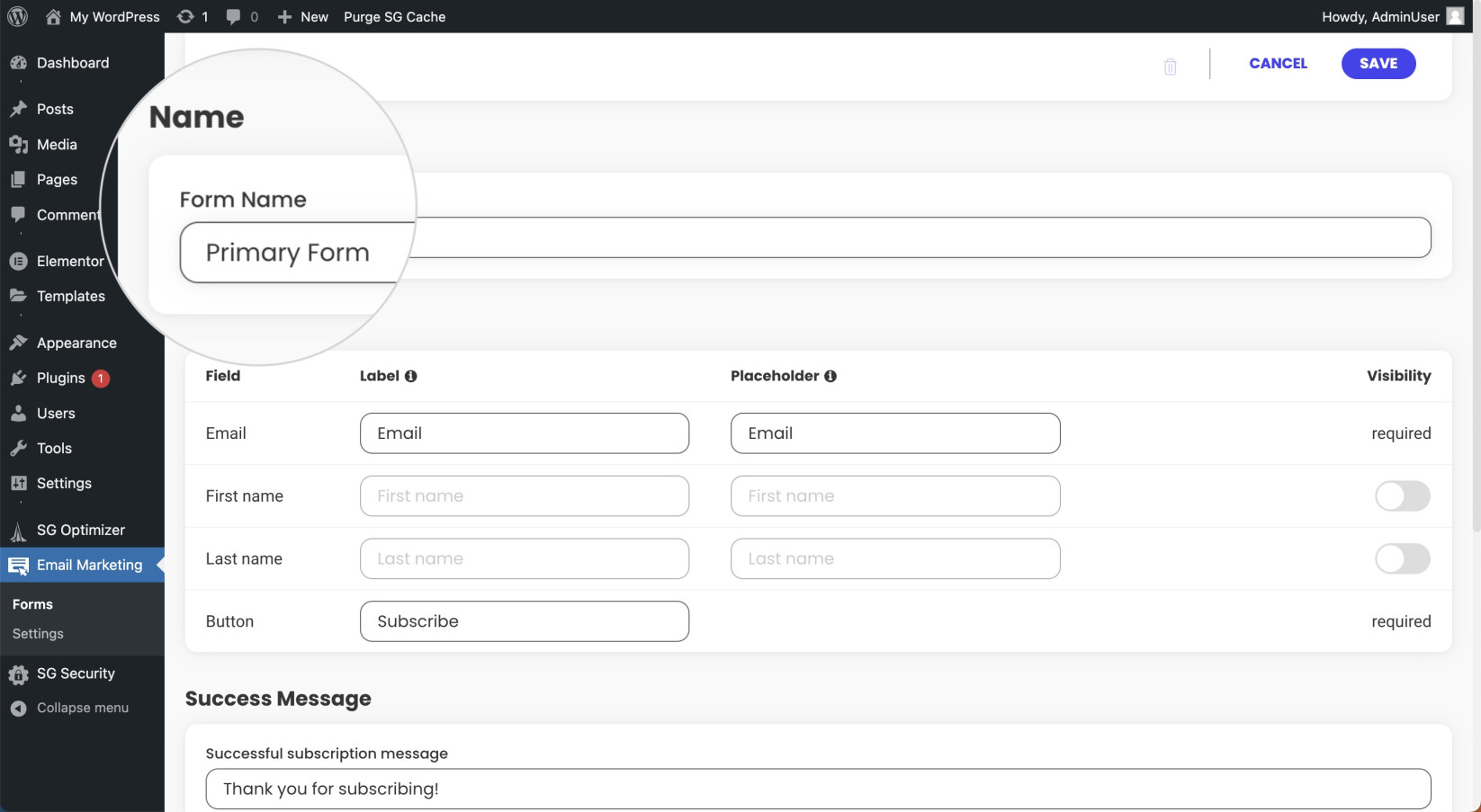 How to set a name when creating a new sign-up form with the Email Marketing plugin