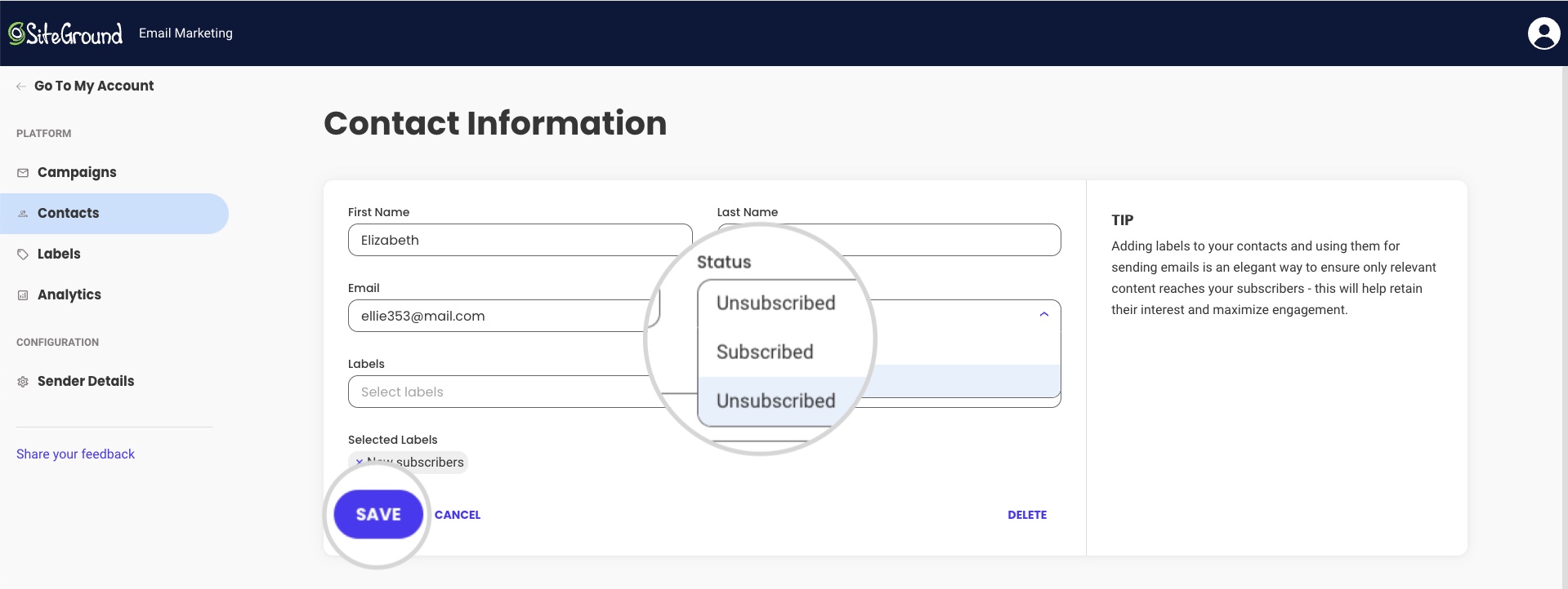 How to change the status from the contact details