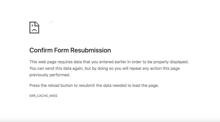 Screenshot displaying the ERR_CACHE_MISS error in Chrome