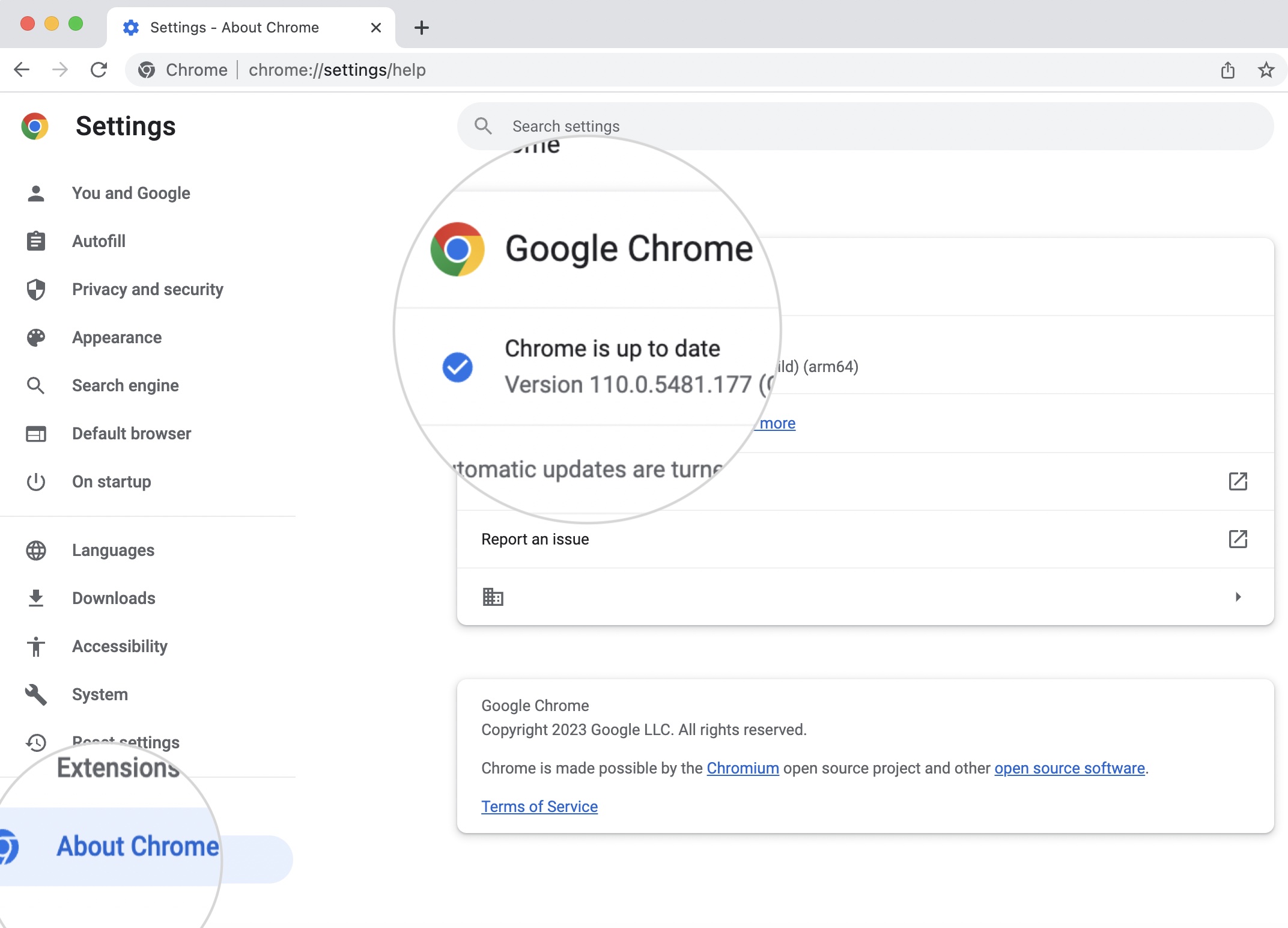 Updates section for Google Chrome