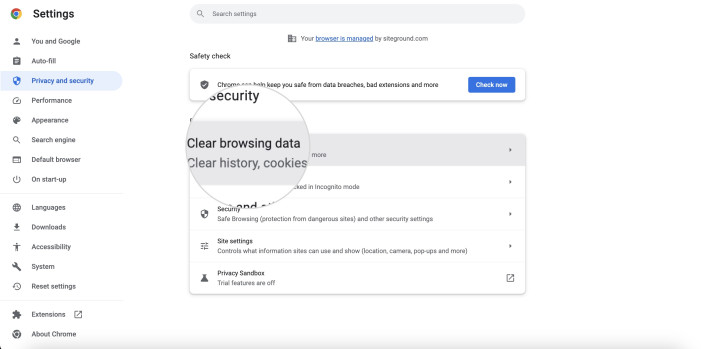 Screenshot showing how to Clear Chrome's browsing data to solve the ERR_CACHE_MISS error