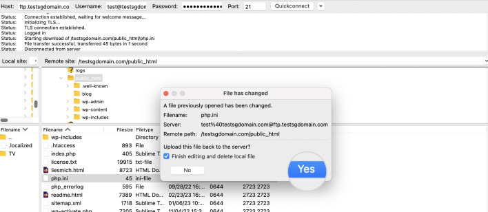 Screenshot of Confirming the changes to the php.ini file and uploading it back to the server