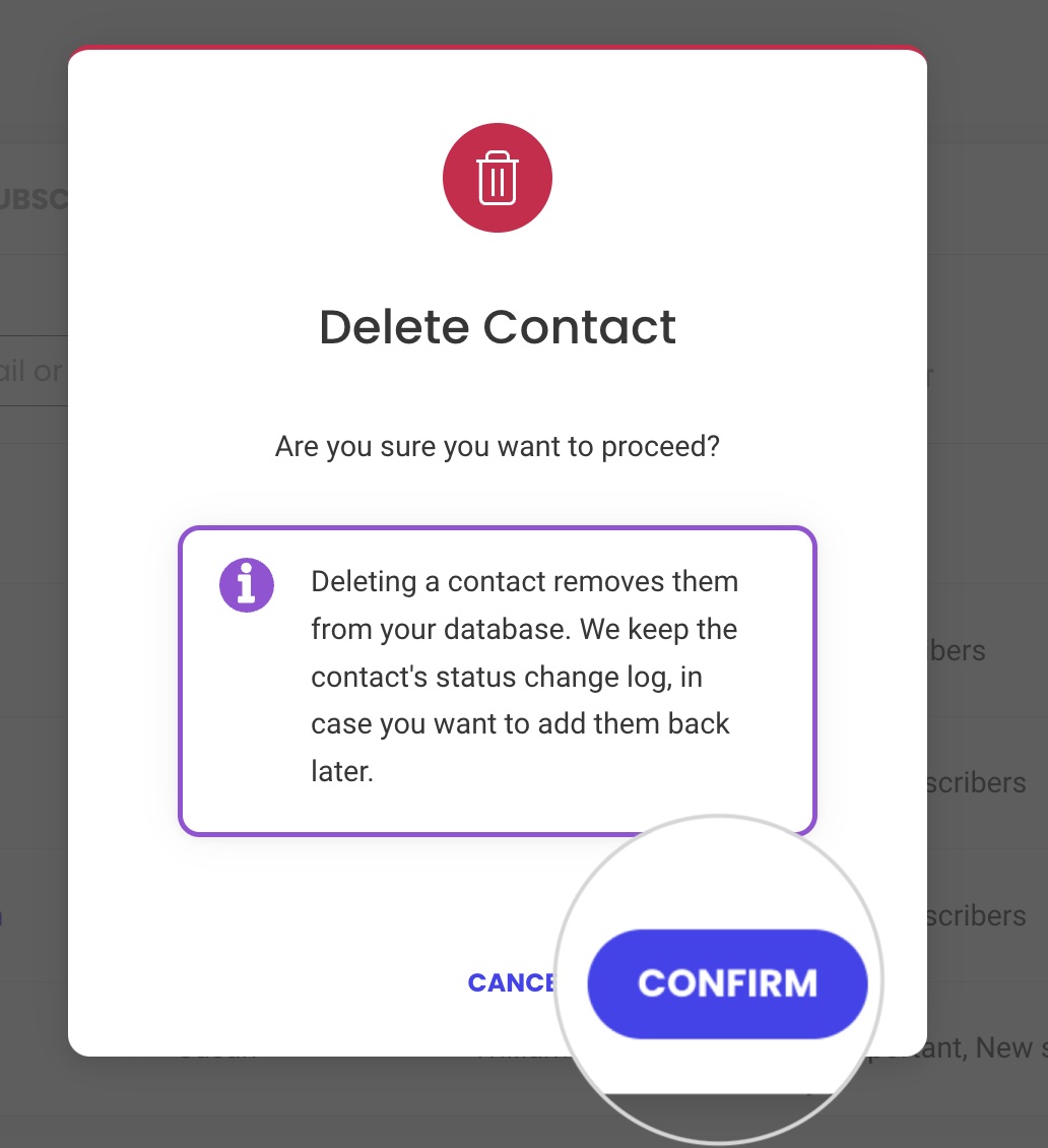 Screenshot of the pop-up for confirming the deletion of a contact