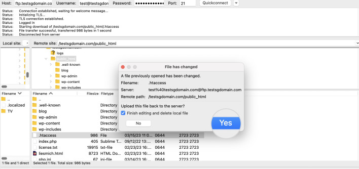 Screenshot of how to confirm the changes and upload the .htaccess back to the server via FTP