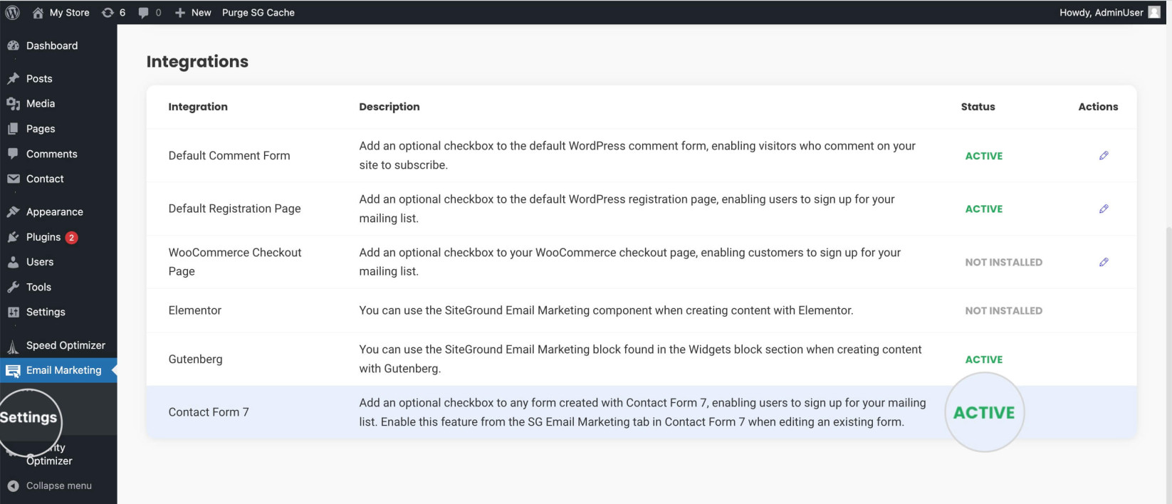 "Active" status for the Email Marketing integration with Contact Form 7