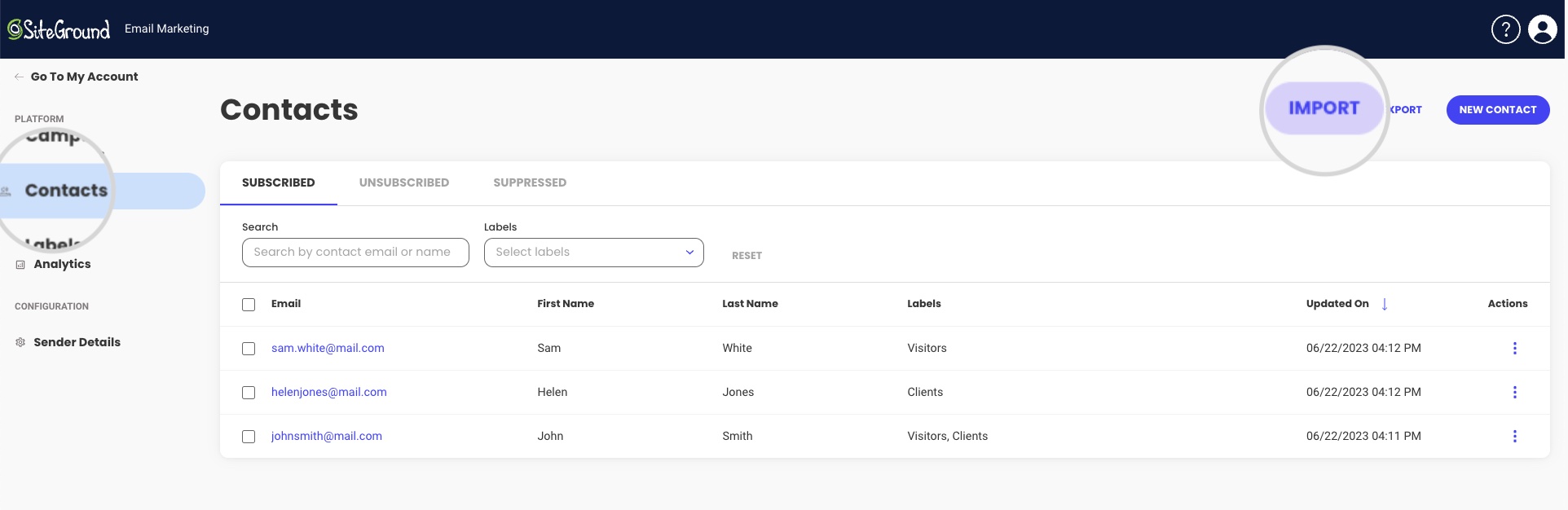 Import function in the Contacts section in SiteGround Email Marketing