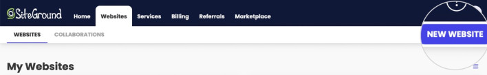 Screenshot of the New Website button in SiteGround Client area