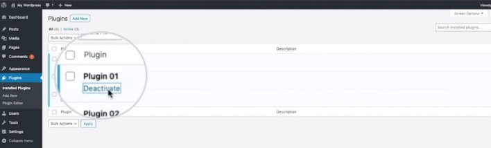 Screenshot showing how to deactivate plugins from the WP Dashboard > Plugins