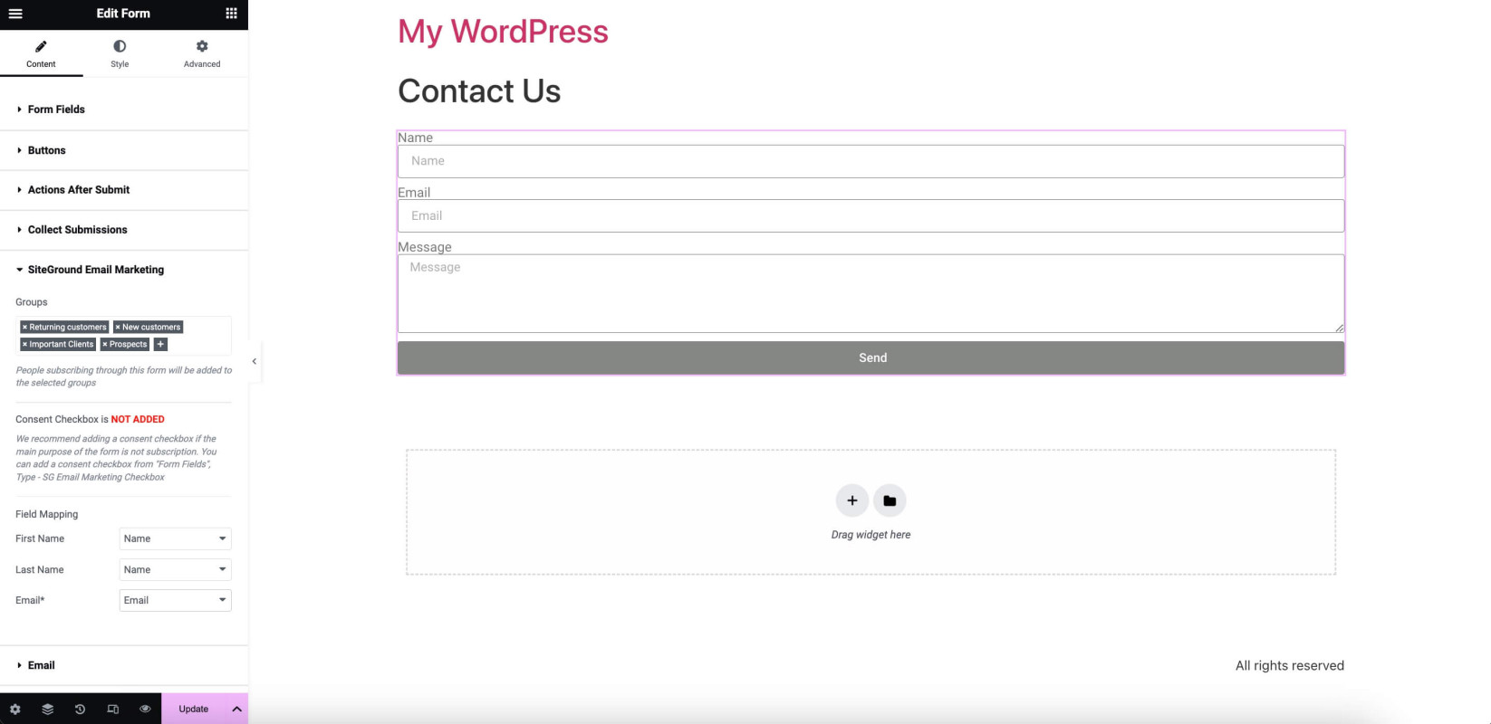 Screenshot showing the default Elementor form fields mapped to one Name box 