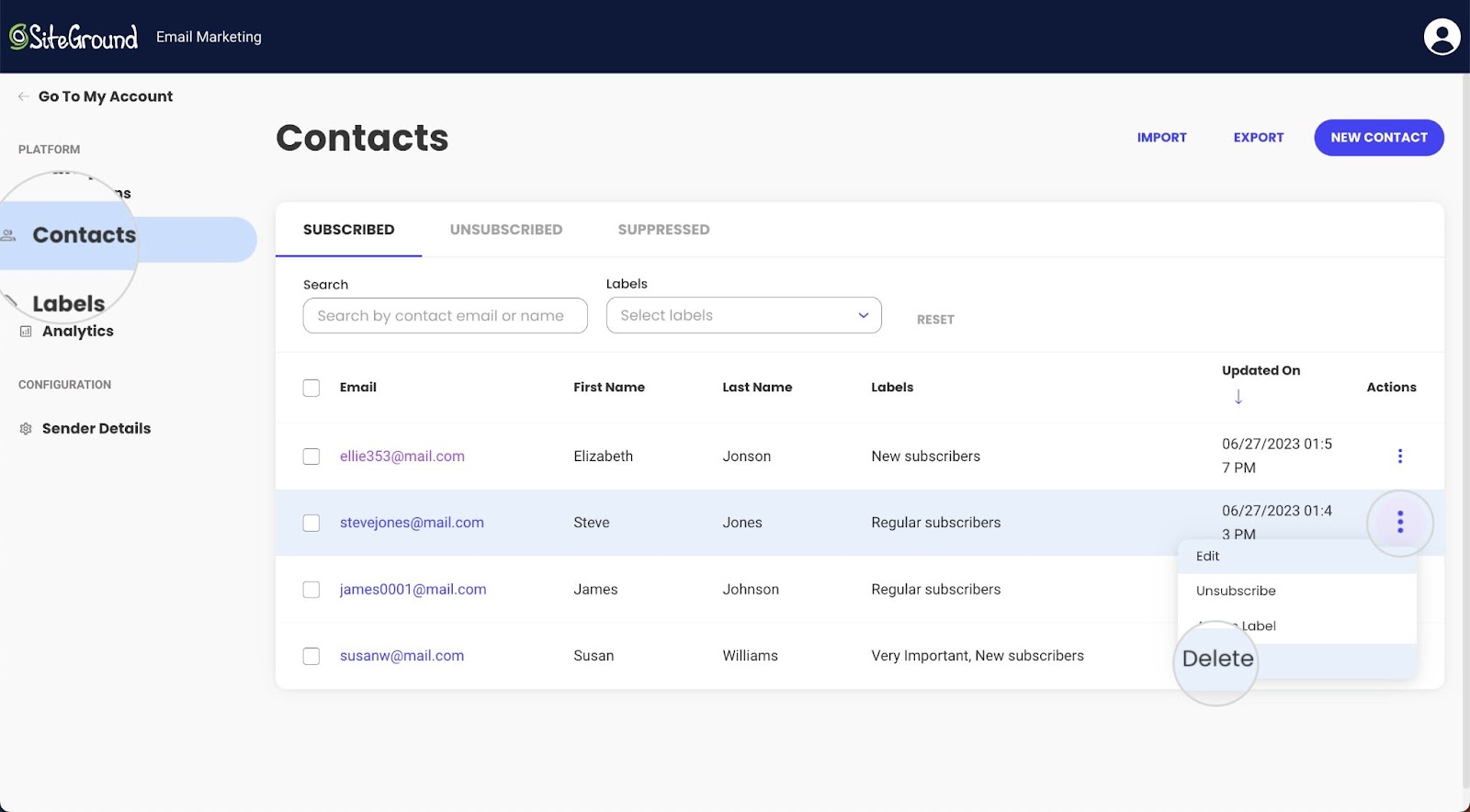 Screenshot of the Delete option in the Contacts section of SiteGround Email Marketing