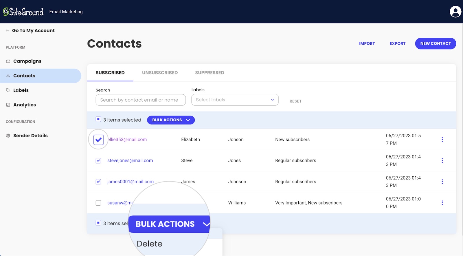 Screenshot of the bulk actions button in SiteGround Email Marketing Contacts section