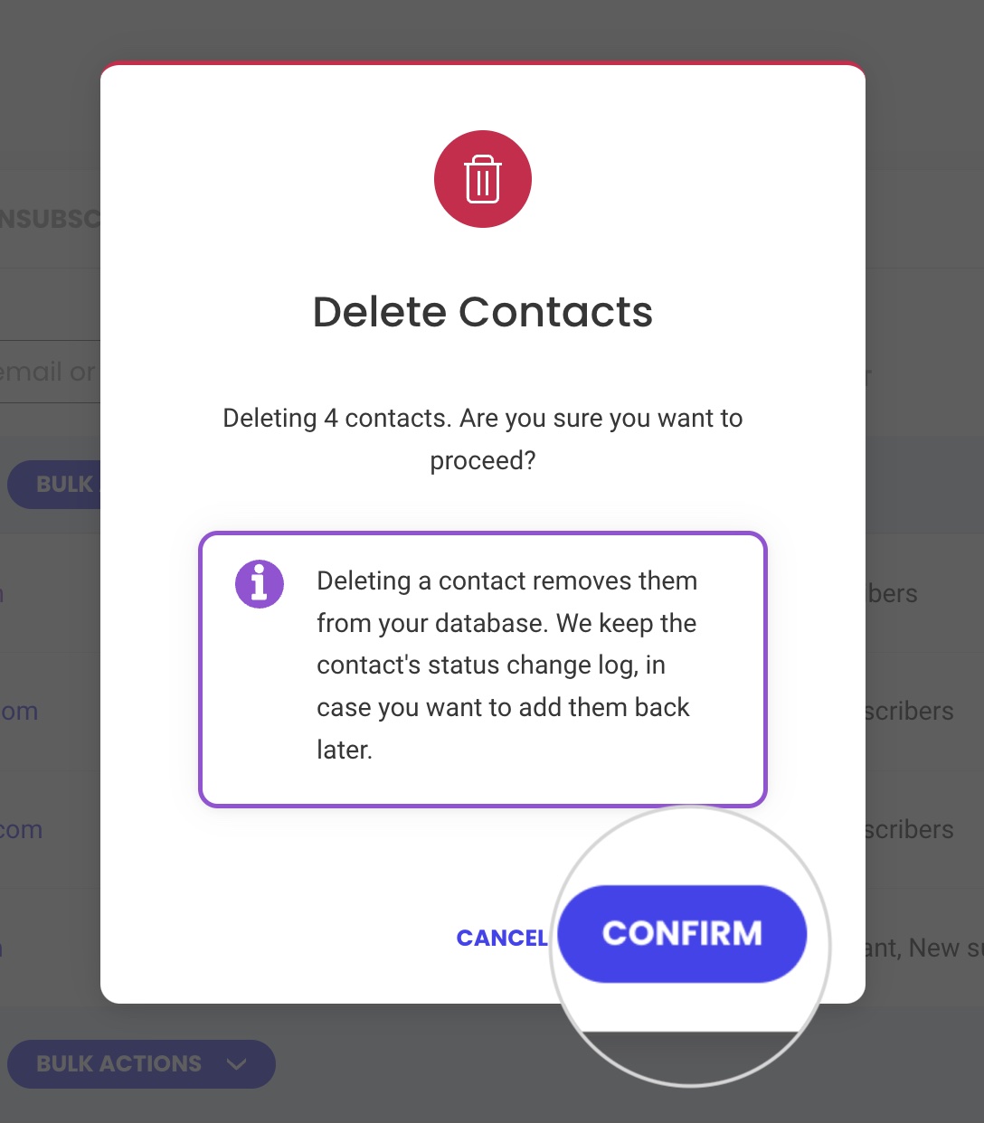 Screenshot showing the confirmation pop-up for deleting selected contacts