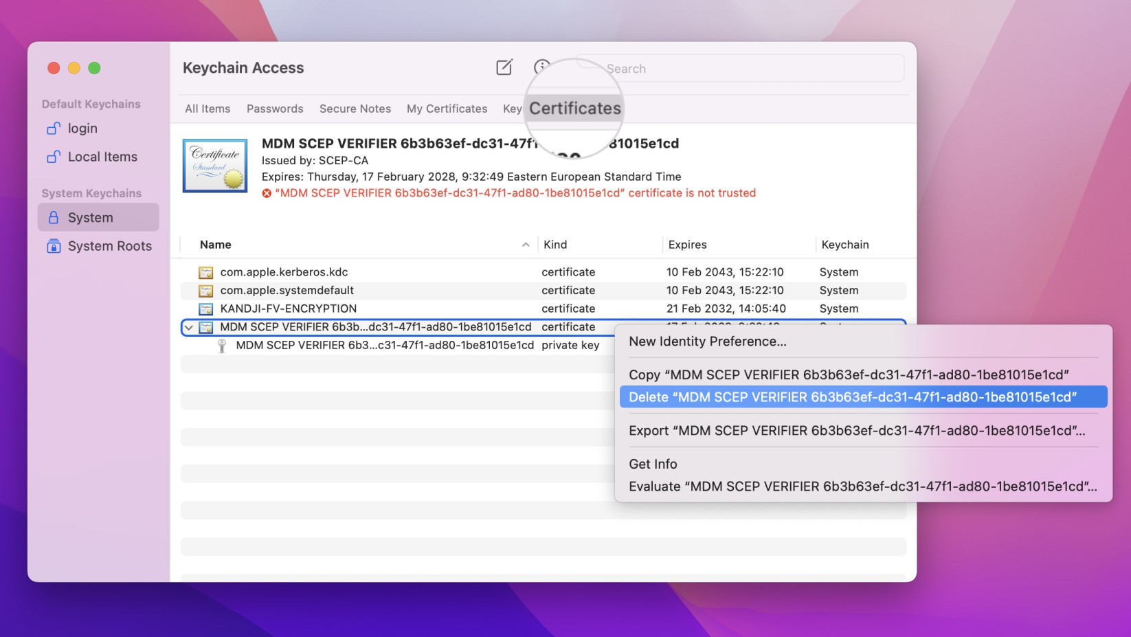 How to delete an SSL certificate from Keychain Access