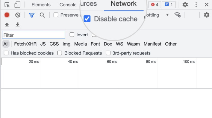 Screenshot showing how to disable Chrome's caching system from the DevTools Console Network tab