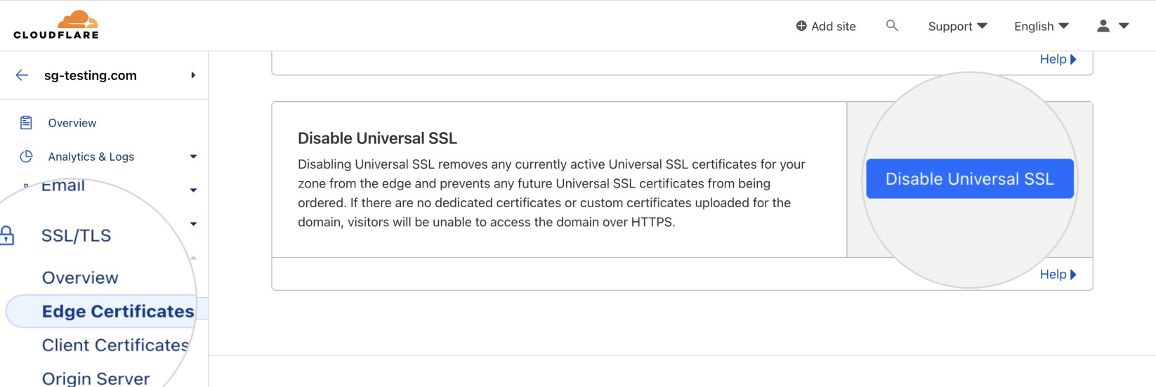 Disable and reactivate the Universal SSL in Cloudflare to fix ERR_SSL_VERSION_OR_CIPHER_MISMATCH